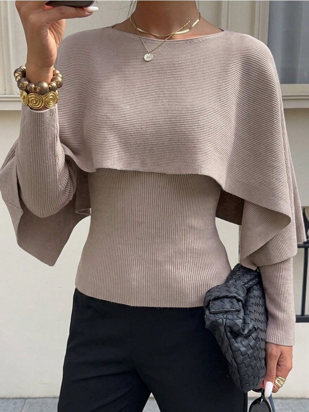 Dusty Purple Casual Women's Ribbed Knit Cloak Sleeve Pullover Top - Picture 5 of 8